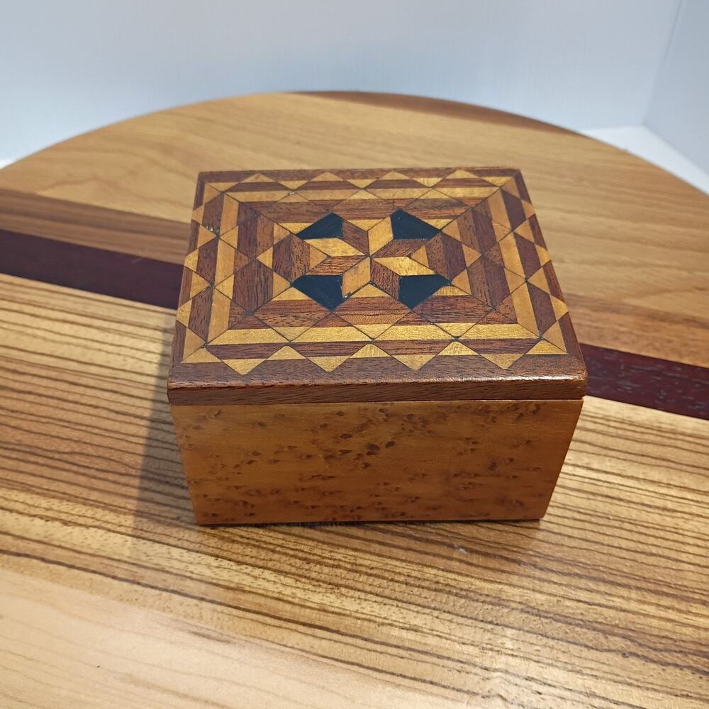 Small Wooden Handmade Trinket Box Pattern Top Photo of a Man Interior OOAK